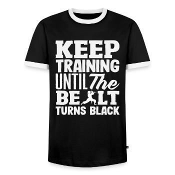 Train until the belt turns black Karate - Men's Ringer Shirt - black/white - Front - AI Model Female 172 light (172cm) & AI Model Male 178 light (178cm)