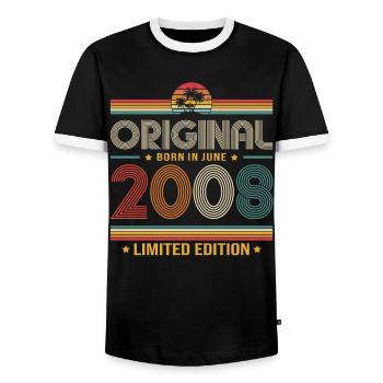 18th Birthday Gift Vintage June Vintage 2008 - Men's Ringer Shirt - black/white - Front - AI Model Female 172 light (172cm) & AI Model Male 178 light (178cm)