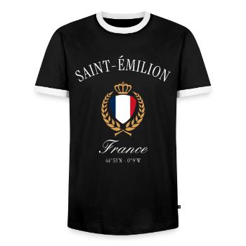 Saint-Émilion France Coat of Arms – Travel Souvenir - Men's Ringer Shirt - black/white - Front - AI Model Female 172 light (172cm) & AI Model Male 178 light (178cm)