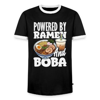 Powered by Ramen and Boba Bubble Tea - Men's Ringer Shirt - black/white - Front - AI Model Female 172 light (172cm) & AI Model Male 178 light (178cm)