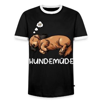 Hundemüde Langhaardackel Dackel Dackelhalter  - Männer Kontrast-T-Shirt - Schwarz/Weiß - Vorne - AI Model Female 172 light (172cm) & AI Model Male 178 light (178cm)