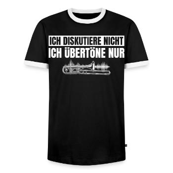 Posaune Ich diskutiere nicht Ich übertöne nur - Männer Kontrast-T-Shirt - Schwarz/Weiß - Vorne - AI Model Female 172 light (172cm) & AI Model Male 178 light (178cm)