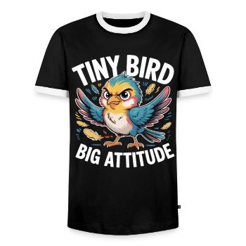 Tiny Bird Big Attitude Bird Saying - Men's Ringer Shirt - black/white - Front - AI Model Female 172 light (172cm) & AI Model Male 178 light (178cm)