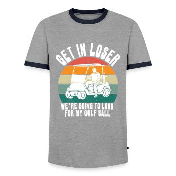 Retro Golf Cart Sunset - Men's Ringer Shirt - grey/navy  - Front - AI Model Female 172 light (172cm) & AI Model Male 178 light (178cm)