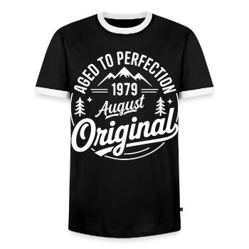 août 1979 – Légende des sommets et montagnes - T-shirt contrasté Homme - noir/blanc - Devant - AI Model Female 172 light (172cm) & AI Model Male 178 light (178cm)