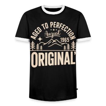 August 1965 – Legende der Gipfel und Berge - Männer Kontrast-T-Shirt - Schwarz/Weiß - Vorne - AI Model Female 172 light (172cm) & AI Model Male 178 light (178cm)