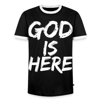 god is here - Männer Kontrast-T-Shirt - Schwarz/Weiß - Vorne - AI Model Female 172 light (172cm) & AI Model Male 178 light (178cm)
