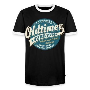 Oldtimer Juni 1976 | Geburtstag Geschenk - Männer Kontrast-T-Shirt - Schwarz/Weiß - Vorne - AI Model Female 172 light (172cm) & AI Model Male 178 light (178cm)