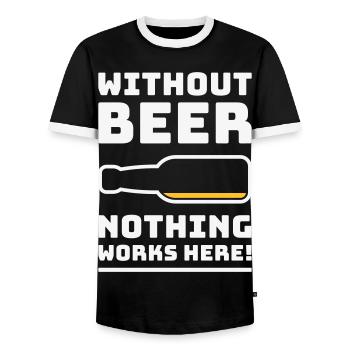 Without Beer Nothing Works Here! (Drinking NEG 2C) - Men's Ringer Shirt - black/white - Front - AI Model Female 172 light (172cm) & AI Model Male 178 light (178cm)
