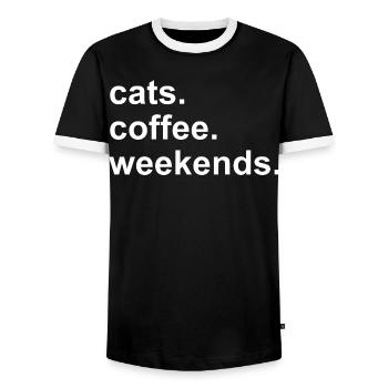 Coffee Cats Weekends Cute Kawaii Caffeine Gift - Men's Ringer Shirt - black/white - Front - AI Model Female 172 light (172cm) & AI Model Male 178 light (178cm)