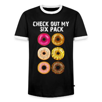 Check out My Six Pack Donuts Funny Gym Food Gift - Men's Ringer Shirt - black/white - Front - AI Model Female 172 light (172cm) & AI Model Male 178 light (178cm)