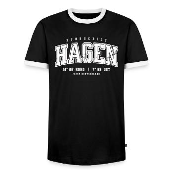Hagen Koordinaten Design–Ruhrgebiet College Stil - Männer Kontrast-T-Shirt - Schwarz/Weiß - Vorne - AI Model Female 172 light (172cm) & AI Model Male 178 light (178cm)