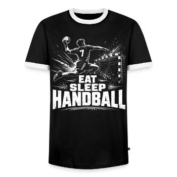 Handball Eat Sleep Repeat Motif - Men's Ringer Shirt - black/white - Front - AI Model Female 172 light (172cm) & AI Model Male 178 light (178cm)