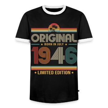 80. Geburtstag Geschenk Vintage Juli Jahrgang 1946 - Männer Kontrast-T-Shirt - Schwarz/Weiß - Vorne - AI Model Female 172 light (172cm) & AI Model Male 178 light (178cm)