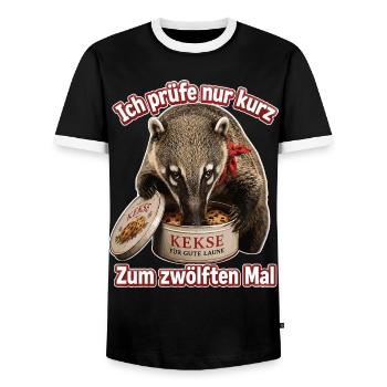 Ich prüfe nur kurz, Zum zwölften Mal - Männer Kontrast-T-Shirt - Schwarz/Weiß - Vorne - AI Model Female 172 light (172cm) & AI Model Male 178 light (178cm)