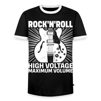 Rock'N'Roll High Voltage Guitar - Men's Ringer Shirt - black/white - Front - AI Model Female 172 light (172cm) & AI Model Male 178 light (178cm)