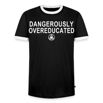 Dangerously Overeducated Funny Nerd Smart Quote - Men's Ringer Shirt - black/white - Front - AI Model Female 172 light (172cm) & AI Model Male 178 light (178cm)