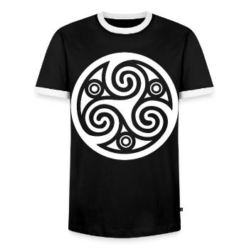 Celtic Spiral Circle (White) - Men's Ringer Shirt - black/white - Front - AI Model Female 172 light (172cm) & AI Model Male 178 light (178cm)
