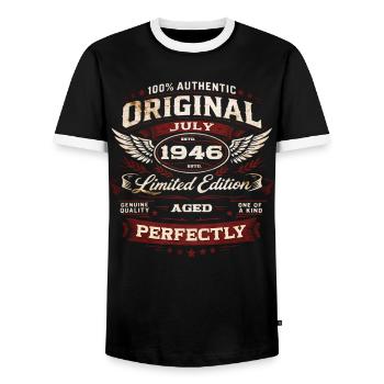 Don du 80e anniversaire Original juillet 1946 - T-shirt contrasté Homme - noir/blanc - Devant - AI Model Female 172 light (172cm) & AI Model Male 178 light (178cm)
