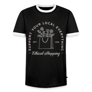 Kaufen Sie lokale Unterstützung für ethisches Einkaufen - Männer Kontrast-T-Shirt - Schwarz/Weiß - Vorne - AI Model Female 172 light (172cm) & AI Model Male 178 light (178cm)