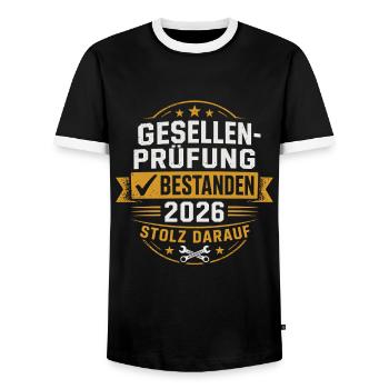 Gesellenprüfung Bestanden 2026 Stolz Darauf - Männer Kontrast-T-Shirt - Schwarz/Weiß - Vorne - AI Model Female 172 light (172cm) & AI Model Male 178 light (178cm)