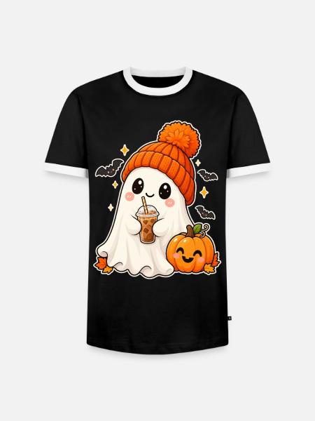 Cozy Ghost and Pumpkin Halloween - Männer Kontrast-T-Shirt - Schwarz/Weiß