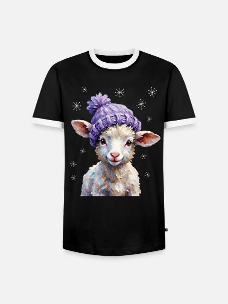 Süßes Lamm mit violetter Strickmütze - Männer Kontrast-T-Shirt - Schwarz/Weiß