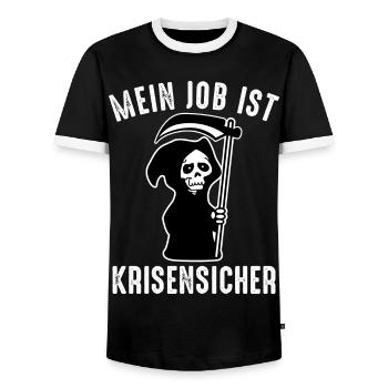 Mein Job ist krisensicher - Sensenmann Tod Lustig - Männer Kontrast-T-Shirt - Schwarz/Weiß - Vorne - AI Model Female 172 light (172cm) & AI Model Male 178 light (178cm)