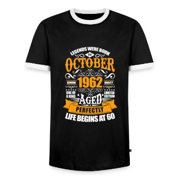 Oktober 1962 - Männer Kontrast-T-Shirt - Schwarz/Weiß - Vorne - AI Model Female 172 light (172cm) & AI Model Male 178 light (178cm)