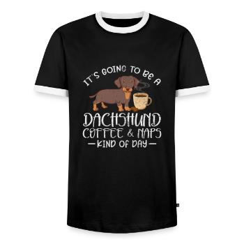 Dachshund Coffee - Men's Ringer Shirt - black/white - Front - AI Model Female 172 light (172cm) & AI Model Male 178 light (178cm)