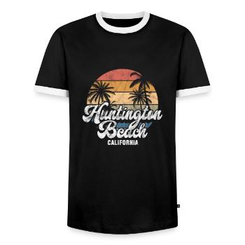 Huntington Beach California USA America Gift - Men's Ringer Shirt - black/white - Front - AI Model Female 172 light (172cm) & AI Model Male 178 light (178cm)