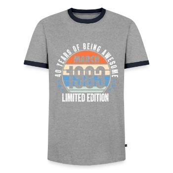 März 1983 - Männer Kontrast-T-Shirt - Grau/Navy  - Vorne - AI Model Female 172 light (172cm) & AI Model Male 178 light (178cm)
