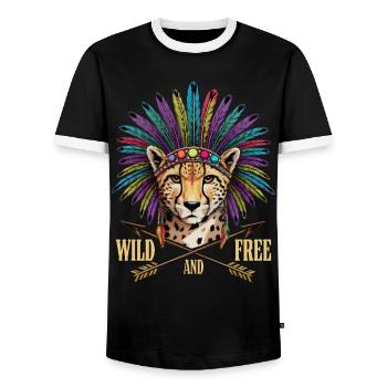 Wildes und freies Geparden-Stammesfedern-Design - Männer Kontrast-T-Shirt - Schwarz/Weiß - Vorne - AI Model Female 172 light (172cm) & AI Model Male 178 light (178cm)