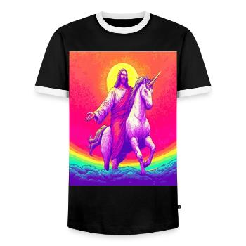 Jésus chevauchant la licorne – Rainbow Fantasy Art Design - T-shirt contrasté Homme - noir/blanc - Devant - AI Model Female 172 light (172cm) & AI Model Male 178 light (178cm)