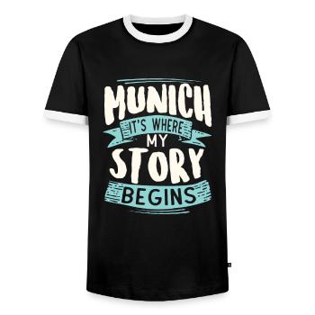 Munich, c'est là que commence mon histoire - T-shirt contrasté Homme - noir/blanc - Devant - AI Model Female 172 light (172cm) & AI Model Male 178 light (178cm)