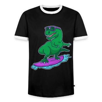 Surfer Dino T-Rex on surfboard surfer gift - Men's Ringer Shirt - black/white - Front - AI Model Female 172 light (172cm) & AI Model Male 178 light (178cm)