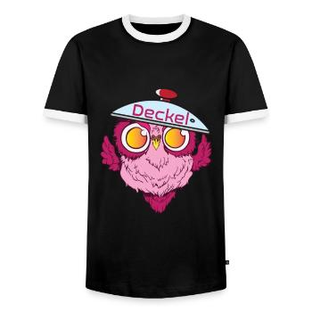 Eule im Pärchenlook mit Deckel ohne Topf - Männer Kontrast-T-Shirt - Schwarz/Weiß - Vorne - AI Model Female 172 light (172cm) & AI Model Male 178 light (178cm)