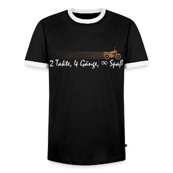DDR Moped // 2 Takte, 4 Gänge, unendlich Spaß - Männer Kontrast-T-Shirt - Schwarz/Weiß - Vorne - AI Model Female 172 light (172cm) & AI Model Male 178 light (178cm)