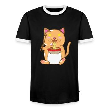 chat japonais mange des nouilles ramen - T-shirt contrasté Homme - noir/blanc - Devant - AI Model Female 172 light (172cm) & AI Model Male 178 light (178cm)