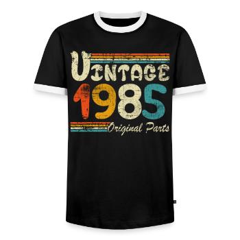 Vintage 1985 Gift - Men's Ringer Shirt - black/white - Front - AI Model Female 172 light (172cm) & AI Model Male 178 light (178cm)