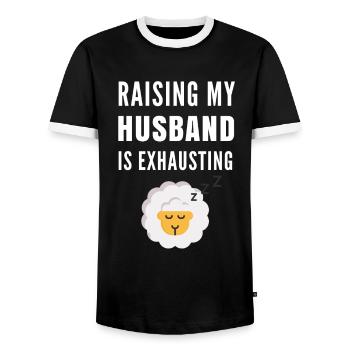 Funny Couple - Husband Raising - Men's Ringer Shirt - black/white - Front - AI Model Female 172 light (172cm) & AI Model Male 178 light (178cm)