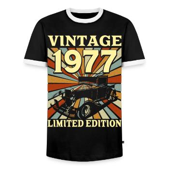 Vintage 45 Years 1977 45th Anniversary - Men's Ringer Shirt - black/white - Front - AI Model Female 172 light (172cm) & AI Model Male 178 light (178cm)