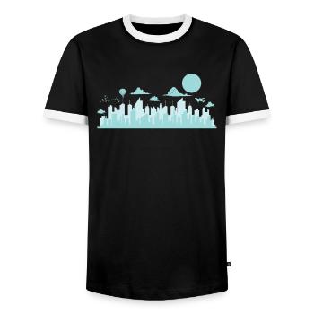 blaue Skyline mit Flugzeugen und Ballon Stadt - Männer Kontrast-T-Shirt - Schwarz/Weiß - Vorne - AI Model Female 172 light (172cm) & AI Model Male 178 light (178cm)