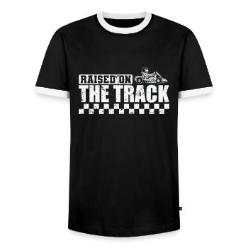 Raised on the Track Gokart Racing Hobby - Men's Ringer Shirt - black/white - Front - AI Model Female 172 light (172cm) & AI Model Male 178 light (178cm)