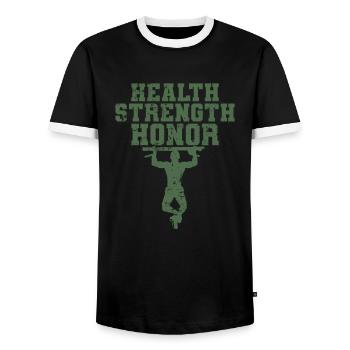 Health Strength Honor Fitness Workout - Männer Kontrast-T-Shirt - Schwarz/Weiß - Vorne - AI Model Female 172 light (172cm) & AI Model Male 178 light (178cm)