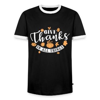 Give Thanks in all Things USA America Holiday - Men's Ringer Shirt - black/white - Front - AI Model Female 172 light (172cm) & AI Model Male 178 light (178cm)