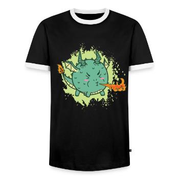 fat kawaii dragon spits fire - Men's Ringer Shirt - black/white - Front - AI Model Female 172 light (172cm) & AI Model Male 178 light (178cm)