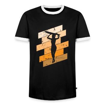Surfing Woman with Surfboard Surfing Wind - Men's Ringer Shirt - black/white - Front - AI Model Female 172 light (172cm) & AI Model Male 178 light (178cm)