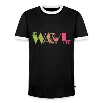 Wave Life Surfing Water Sports - Men's Ringer Shirt - black/white - Front - AI Model Female 172 light (172cm) & AI Model Male 178 light (178cm)