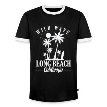 Wild Wave long Beach California surfing - Men's Ringer Shirt - black/white - Front - AI Model Female 172 light (172cm) & AI Model Male 178 light (178cm)